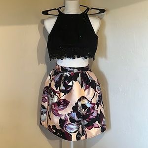 Two piece crop top and mini length set.